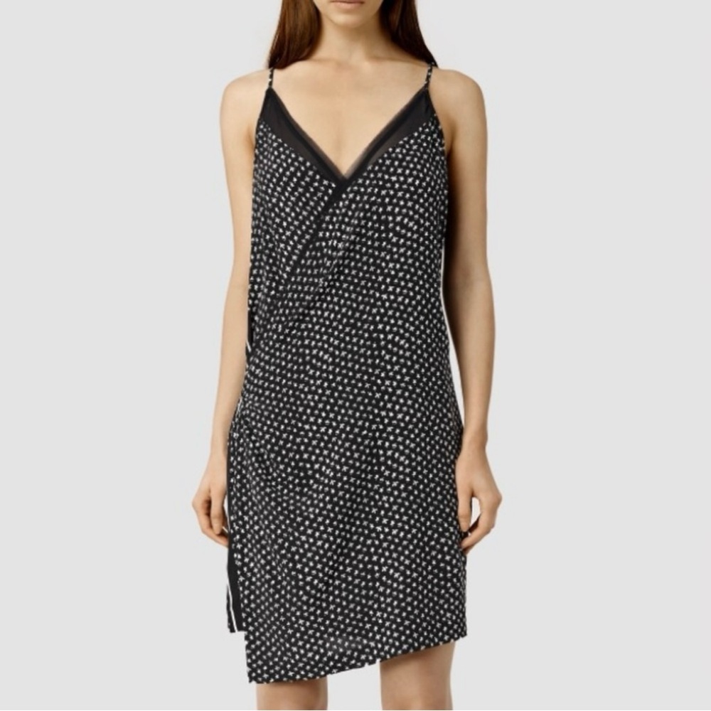 All Saints Alize K Crush Silk Faux Wrap Dress Black Heart Ditsy Print size 4